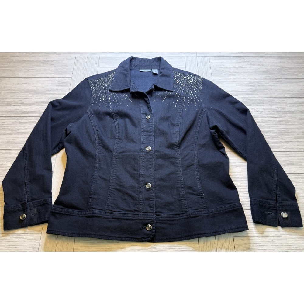 CHICO'S Platinum Denim Jacket Stud Embellished Shoulders & Back XL Bohemian Chic